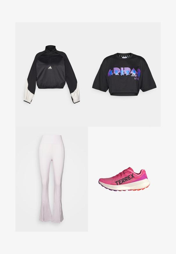 Fekete sportpulóver magas nyakkal és fél cipzárral. Fehér díszujjak és elasztikus alsó rész jellemzi. A logó a mellkason helyezkedik el. Sima textúrájú.; Fekete, könnyű anyagból készült, rövid ujjal ellátott cropped póló, amelynek elején nagy, lila és kék grafikai szöveg és dizájnelemek találhatóak.; Világos rózsaszín, flared nadrág magas derékkal, sima textúrával és alján részel. Rugalmas, testhezálló anyagból készült.; Rózsaszín sportcipő "TERREX" felirattal, könnyű hálós felsőrész, párnázott fehér középtalppal és színes gumitalppal, amely biztosítja a tapadást.