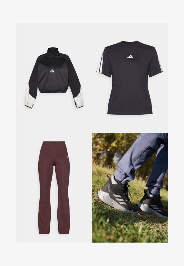 Fekete sportpulóver magas nyakkal és fél cipzárral. Fehér díszujjak és elasztikus alsó rész jellemzi. A logó a mellkason helyezkedik el. Sima textúrájú.; Fekete sportpóló, puha anyagból, kerek nyakkivágással, rövid ujjakkal, és mindkét vállon három fehér csíkkal. Fehér logó a mellkasán.; Bordó sportleggings, testhez simuló dizájnnal, sima textúrával és enyhén lila Adidas logóval a bal combon.; Fekete és szürke túracipők texturált felsőrésszel, párnázott talppal és három ezüstcsíkos díszítéssel. Kültéri tevékenységekhez tervezve.