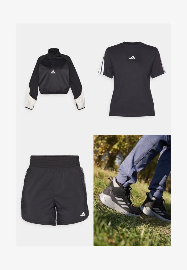 Pulover sport negru cu guler înalt și fermoar pe jumătate. Are mâneci cu accent alb și tiv elasticizat. Logo situat în centrul pieptului. Textură netedă.; Tricou athletic negru, fabricat dintr-un material moale, cu guler rotund, mâneci scurte și trei dungi albe pe fiecare umăr. Logo alb pe piept.; Șorturi atletice negre, cu talie elastică, buzunare laterale și accente albe pe laterale. Fabricate dintr-un material ușor.; Încălțăminte de drumeție negre și gri, cu un material superior texturat, talpă căptușită și trei dungi argintii. Proiectate pentru activități în aer liber.