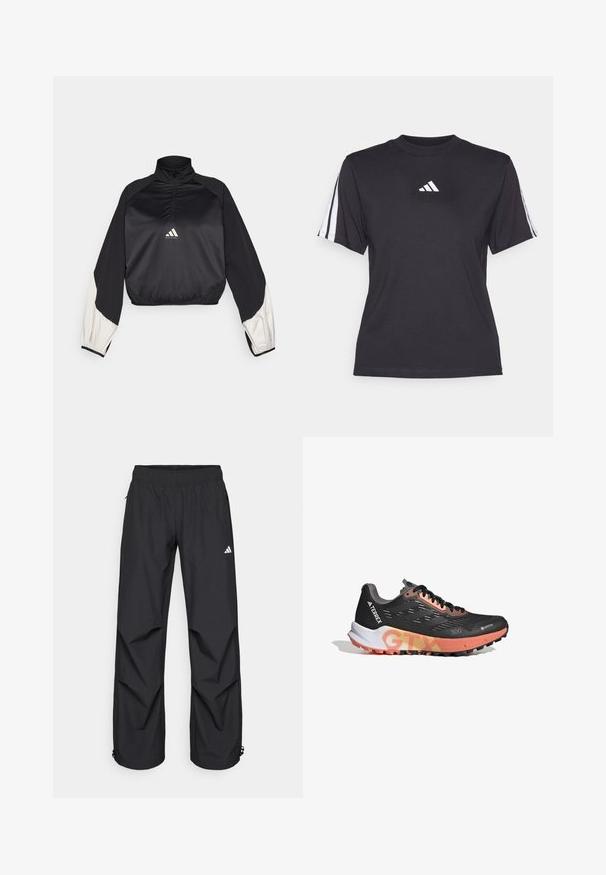 Black sports pullover with high neck and half zip. Features white accent sleeves and elasticized hem. Logo located at chest center. Smooth texture.; Black athletic t-shirt made of soft fabric, featuring a crew neckline, short sleeves, and three white stripes on each shoulder. White logo on chest.; Black, lightweight, waterproof pants with an elastic waistband, side pockets, and adjustable cuffs. Features a white logo on the left thigh.; Black running shoe with Gore-Tex upper, pink accents, textured outsole, and distinctive branding. Lightweight design for outdoor performance.