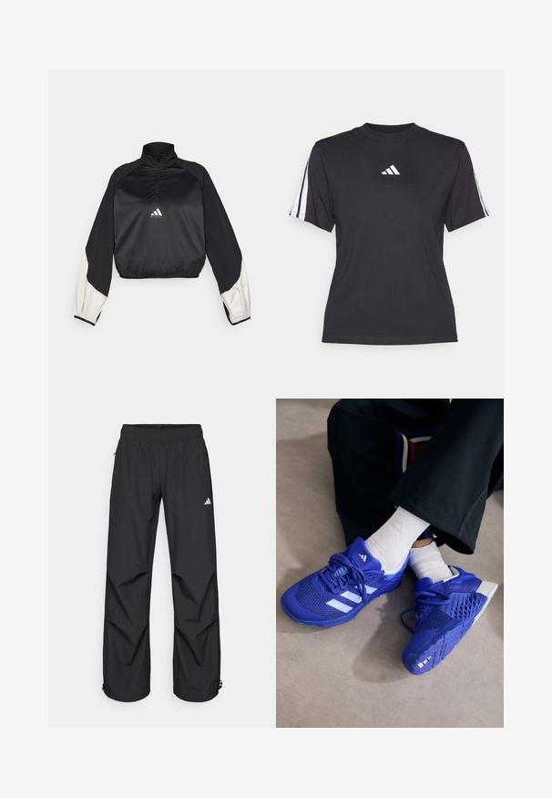 Pulover sport negru cu guler înalt și fermoar pe jumătate. Are mâneci cu accent alb și tiv elasticizat. Logo situat în centrul pieptului. Textură netedă.; Tricou athletic negru, fabricat dintr-un material moale, cu guler rotund, mâneci scurte și trei dungi albe pe fiecare umăr. Logo alb pe piept.; Pantaloni negri, ușori, impermeabili, cu un brâu elastic, buzunare laterale și mansete ajustabile. Prezintă un logo alb pe coapsa stângă.; Pantofi sport albaștri regal cu accente albe; superior din plasă, laturi texturate, talpă groasă din cauciuc și sistem de șireturi detaliat.