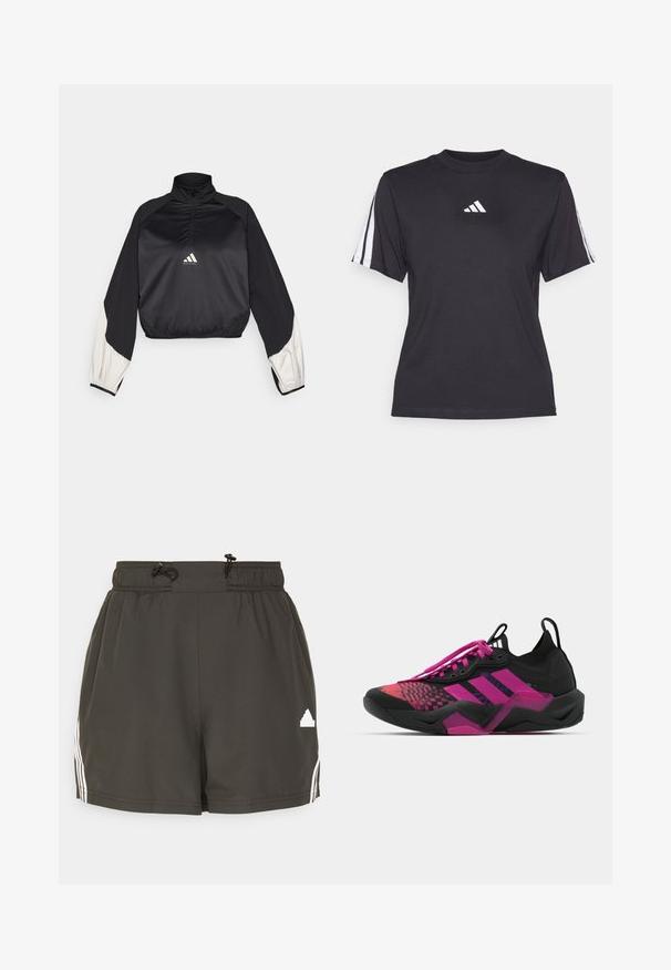 Pullover desportivo preto com gola alta e fecho de meio zip. Apresenta mangas com detalhes brancos e bainha elástica. Logotipo localizado no centro do peito. Textura suave.; T-shirt atlético preto feito de tecido suave, com gola redonda, mangas curtas e três riscas brancas em cada ombro. Logótipo branco no peito.; Calções de atletismo pretos com cintura elástica, cordão, riscas brancas laterais e um pequeno logótipo branco na bainha inferior. Textura suave.; Sapatilha atlética preta e rosa com um upper texturizado, design padrão, atacadores proeminentes e uma sola robusta com detalhes em rosa.