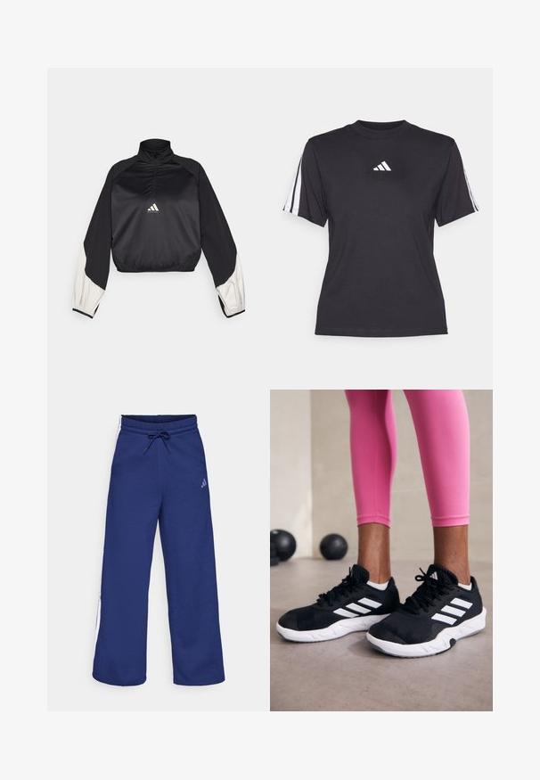 Černý sportovní pulover s vysokým límcem a půlzipem. Má bílé akcentované rukávy a elastické zakončení. Logo umístěné na středu hrudi. Hladká textura.; Černé sportovní tričko vyrobené z měkkého materiálu, s kulatým výstřihem, krátkými rukávy a třemi bílými pruhy na každém rameni. Bílé logo na hrudi.; Námořnické modré tepláky s páskem na stažení a bočními bílými pruhy. Vyrobené z měkké tkaniny s volným střihem; obsahují logo Adidas.; Černé sportovní boty s bílými pruhy, texturovaný síťovinový svršek a bílá podrážka. Nosené s růžovými legínami, které předvádějí tréninkové oblečení.