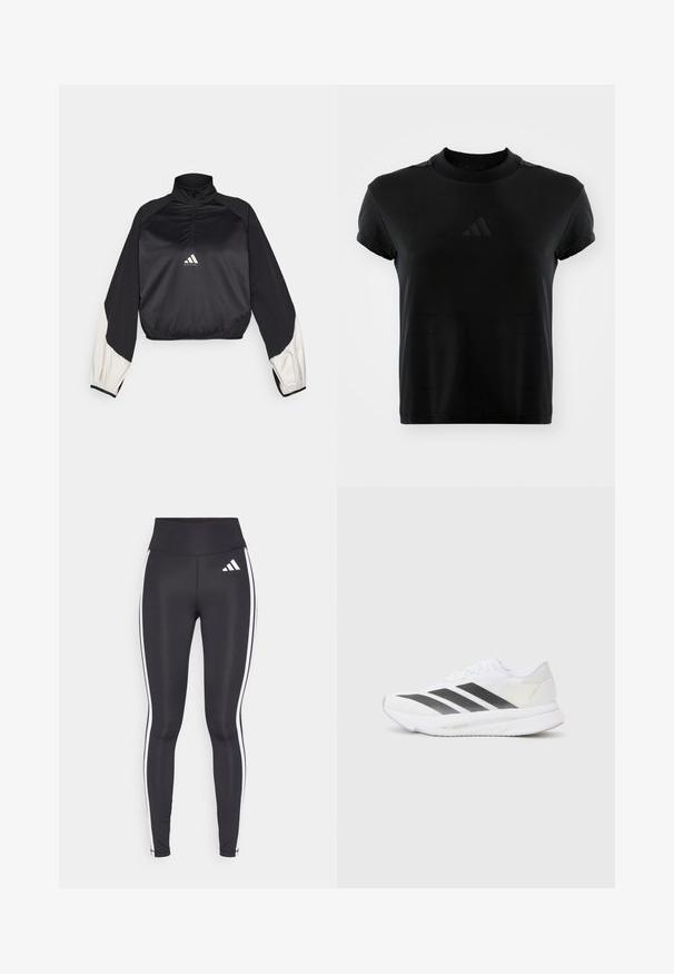 Juodas sportinis megztinis su aukštu kaklu ir pusiau užtrauktuku. Savybės: balti akcentai ant rankovių ir elastingas apatinis kraštas. Logo esantis krūtinės centre. Lygi tekstūra.; Juodas trumpomis rankovėmis marškinėliai, pagaminti iš lygaus audinio. Turi apvalų kaklą ir iškilų Adidas logotipą priekyje.; Juodos aptemptos kelnės su aukštu liemeniu, su baltomis juostelėmis šonuose ir mažu baltu logotipu viršutiniame kairiajame šlaunyje. Pagamintos iš glotnaus, tampraus audinio.; Baltos sportinės bateliai su juodomis įstrižainėmis, tinklinė viršutinė dalis, apvalus pirštas ir tekstūruotas padas. Priedai apima sidabrinį kulną ir minimalistinį dizainą.