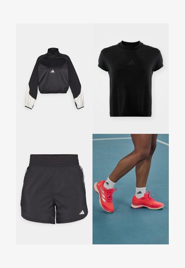 Čierny športový pulóver s vysokým golierom a polovičným zipsom. Obsahuje biele akcentové rukávy a elastický lem. Logo umiestnené na strede hrude. Hladká textúra.; Čierne tričko s krátkym rukávom vyrobené z hladkej tkaniny. Obsahuje okrúhly výstrih a embosované logo Adidas na prednej strane.; Čierne športové šortky s elastickým pásom, bočnými vreckami a bielymi pruhmi po stranách. Vyrobené z ľahkého materiálu.; Jasne ružové športové topánky s bielymi akcentmi a šnúrkami, s hladkou textúrou a gumenou podrážkou, nosené s bielymi ponožkami Adidas.