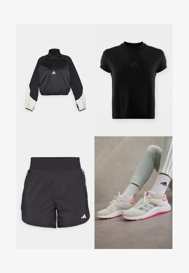 Black sports pullover with high neck and half zip. Features white accent sleeves and elasticized hem. Logo located at chest center. Smooth texture.; Black short-sleeve t-shirt made of smooth fabric. Features a round neckline and an embossed Adidas logo on the front.; Black athletic shorts with an elastic waistband, side pockets, and white stripe accents on the sides. Made of lightweight material.; White athletic shoes with light pink accents and silver side stripes. Textured fabric upper with a rubber sole featuring a pink outsole.