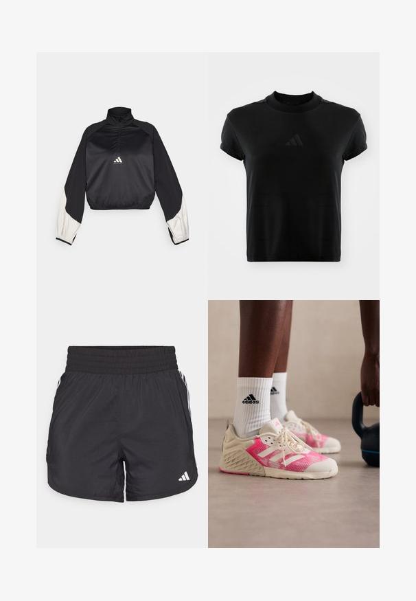 Sudadera deportiva negra con cuello alto y media cremallera. Presenta mangas con acentos en blanco y dobladillo elástico. Logotipo ubicado en el centro del pecho. Textura suave.; Camiseta negra de manga corta hecha de tela suave. Presenta un cuello redondo y un logo de Adidas en relieve en la parte frontal.; Pantalones cortos deportivos negros con cintura elástica, bolsillos laterales y detalles de rayas blancas en los lados. Hechos de un material ligero.; Zapatillas deportivas ligeras con una parte superior de malla rosa, acentos beiges y cordones blancos. Suela texturizada con marca negra en los calcetines.