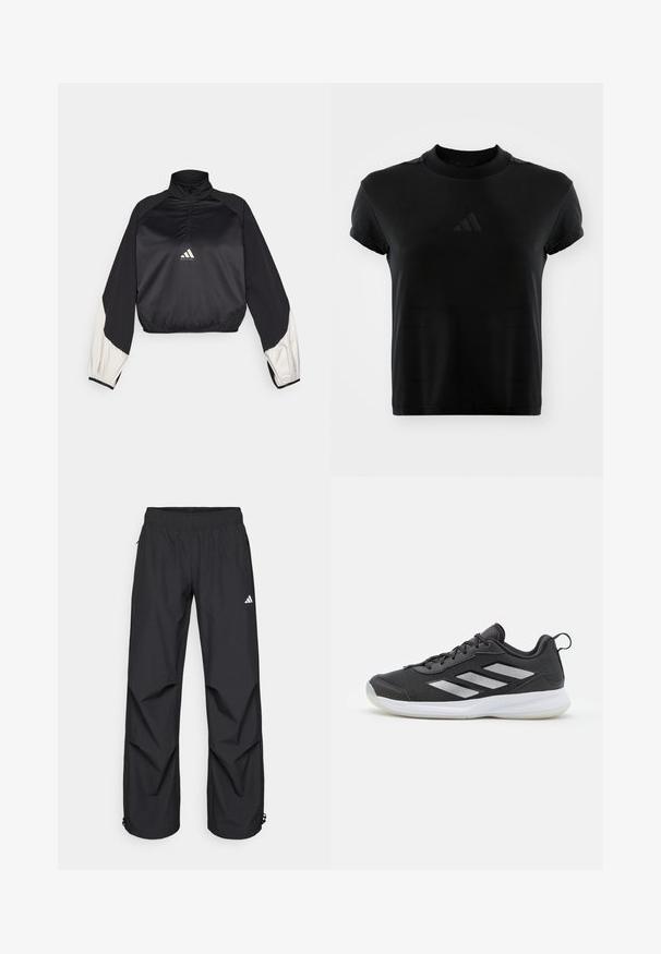 Svart sportsgenser med høy hals og halv glidelås. Har hvite aksentermuffer og elastisk nederkant. Logo plassert på midten av brystet. Glatt tekstur.; Svart kortermet t-skjorte laget av glatt stoff. Har rund hals og et preget Adidas-logo på fronten.; Sorte, lette, vanntette bukser med elastisk midje, sidelommer og justerbare mansjetter. Har en hvit logo på venstre lår.; Svart trening sko med et pustende mesh-overdel, reflekterende sølvflekker og en polstret hvit gummisåle. Snøring design.