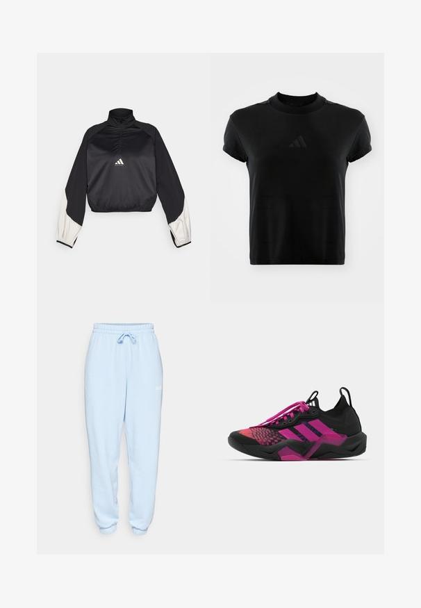 Melna sporta jaka ar augstu apkakli un puspievilcēju. Iezīmētas baltas akcentu piedurknes un elastīga apakšmalā. Logo atrodas krūšu centra daļā. Gluda tekstūra.; Melnas īsām piedurknēm T-kreklu, kas izgatavots no gludas auduma. Iekļauj apaļu kakla izgriezumu un uzgludinātu Adidas logo priekšpusē.; Gaiši zilas sporta bikses, kas izgatavotas no mīksta auduma, ar elastīgu jostu un auklu, ar apakšdaļu, kas ir piegriezta, un mazu baltu logotipu.; Melnas un rozā sporta kurpes ar teksturētu virsmu, rakstainu dizainu, izteiktām auklām un masīvu zolīti ar rozā akcentiem.