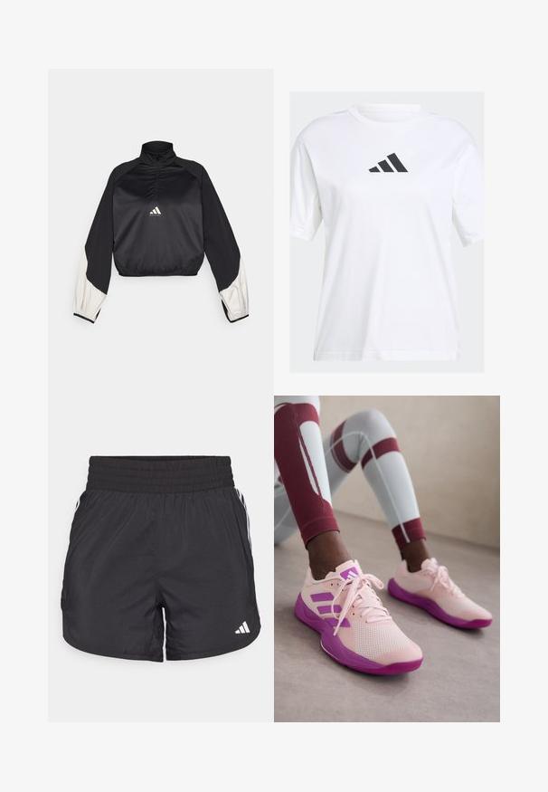 Svart sportsgenser med høy hals og halv glidelås. Har hvite aksentermuffer og elastisk nederkant. Logo plassert på midten av brystet. Glatt tekstur.; Hvit bomulls t-skjorte med en svart Adidas-logo i trekantdesign på brystet, med korte ermer og en avslappet passform.; Svarte treningsshorts med elastisk midje, sidelommer og hvite stripeaksenter på sidene. Laget av lett materiale.; adidas Performance RAPIDMOVE  - Treningssko - sandy pink/purple burst