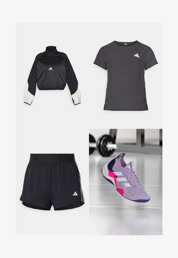 Sort sportslig pullover med høj hals og halv lynlås. Har hvide accentærmer og elastisk kant. Logo placeret på brystet. Glat tekstur.; Kortærmet atletisk t-shirt, mørkegrå med perforeret tekstur. Har et hvidt logo og kontrastfarvede sidelister. Rundet halsudskæring.; Sorte sport shorts med elastisk talje, der har et tekstureret bånd, sidestreger og et hvidt Adidas-logo på den nederste kant.; Lilla atletisk sko med mesh-overdel, hvide striber, rosa og sorte detaljer, polstret krave og en tekstureret sål, designet til præstation.