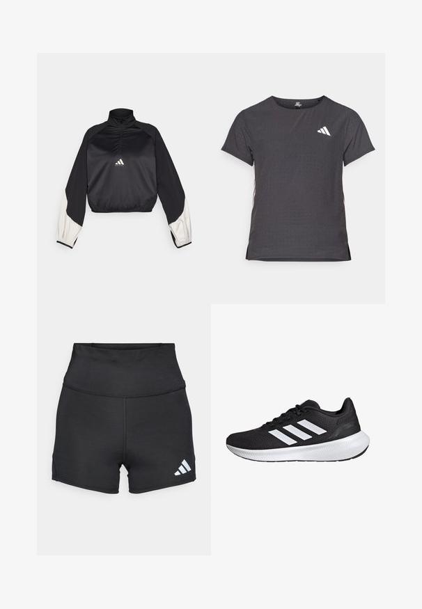 Sudadera deportiva negra con cuello alto y media cremallera. Presenta mangas con acentos en blanco y dobladillo elástico. Logotipo ubicado en el centro del pecho. Textura suave.; Camiseta atlética de manga corta, gris oscuro con textura perforada. Presenta un logo blanco y rayas laterales en contraste. Escote redondeado.; adidas Performance Leggings - black; Zapatilla deportiva negra con parte superior de malla y diseño de tres franjas blancas. Cuenta con una suela acolchada y una suela de goma texturizada para mejorar el agarre.