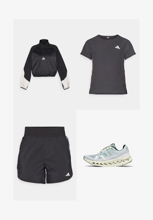 Black sports pullover with high neck and half zip. Features white accent sleeves and elasticized hem. Logo located at chest center. Smooth texture.; Short-sleeve athletic t-shirt, dark gray with perforated texture. Features a white logo and contrasting side stripes. Rounded neckline.; Black athletic shorts with an elastic waistband, side pockets, and white stripe accents on the sides. Made of lightweight material.; Light blue athletic shoe with breathable mesh, reflective accents, a cushioned sole featuring cutouts, and black detailing on the heel.