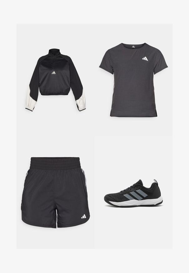 Melna sporta jaka ar augstu apkakli un puspievilcēju. Iezīmētas baltas akcentu piedurknes un elastīga apakšmalā. Logo atrodas krūšu centra daļā. Gluda tekstūra.; Īsām piedurkņu sporta T-krekls, tumši pelēks ar perforētu tekstūru. Iespējots ar baltu logotipu un kontrastējošām sānu svītrām. Apaļa kakla izgriezums.; Melnas sporta bikses ar elastīgu jostu, sānu kabatām un baltām svītrām uz sāniem. Izgatavotas no viegla materiāla.; Melnas sporta kurpes ar gaiši pelēkiem svītrām, teksturētu acs augšdaļu, melniem aukliņām un baltu zoli. Aprīkotas ar vilkšanas cilpu uz papēža.