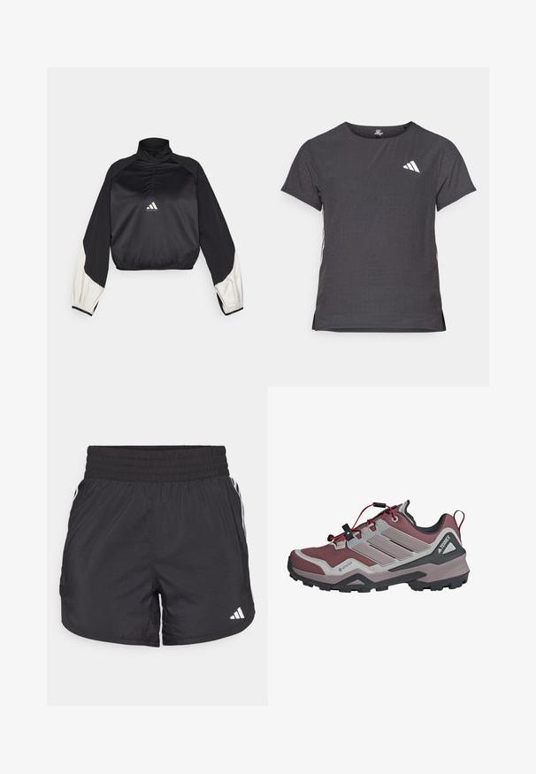 Sort sportslig pullover med høj hals og halv lynlås. Har hvide accentærmer og elastisk kant. Logo placeret på brystet. Glat tekstur.; Kortærmet atletisk t-shirt, mørkegrå med perforeret tekstur. Har et hvidt logo og kontrastfarvede sidelister. Rundet halsudskæring.; Sorte atletiske shorts med elastisk talje, sidelommer og hvid stribeaccent på siderne. Fremstillet af letvægtsmateriale.; Letvægts vandresko med en grå og burgunder mesh-overdel, røde accenter, GORE-TEX-logo og en robust sort gummisål for godt fodfæste.