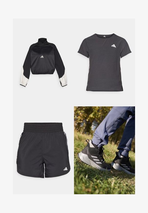 Čierny športový pulóver s vysokým golierom a polovičným zipsom. Obsahuje biele akcentové rukávy a elastický lem. Logo umiestnené na strede hrude. Hladká textúra.; Tričko s krátkym rukávom pre šport, tmavosivé s perforovanou textúrou. Obsahuje biele logo a kontrastné bočné pruhy. Okrúhly výstrih.; Čierne športové šortky s elastickým pásom, bočnými vreckami a bielymi pruhmi po stranách. Vyrobené z ľahkého materiálu.; Čierne a šedé turistické topánky s textúrovaným vrchom, polstrovanou podrážkou a tromi striebornými pruhmi. Navrhnuté pre vonkajšie aktivity.