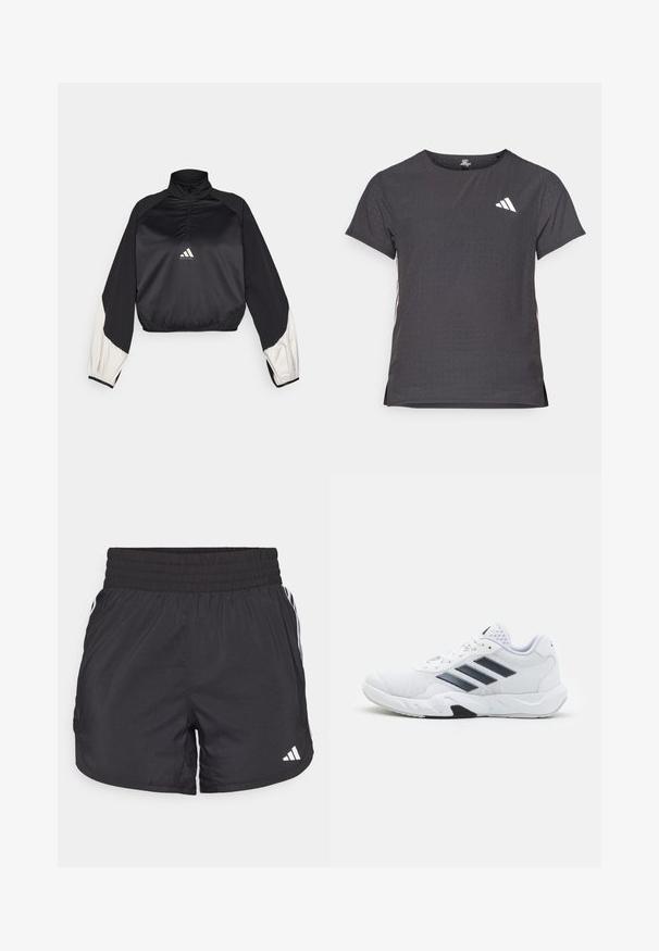 Pulover sport negru cu guler înalt și fermoar pe jumătate. Are mâneci cu accent alb și tiv elasticizat. Logo situat în centrul pieptului. Textură netedă.; Tricou athletic cu mânecă scurtă, gri închis, cu textură perforată. Prezentă un logo alb și dungi contrastante pe laterale. Guler rotunjit.; Șorturi atletice negre, cu talie elastică, buzunare laterale și accente albe pe laterale. Fabricate dintr-un material ușor.; Adidași albi cu partea superioară din plasă, trei dungi negre pe lateral, accente texturate și o talpă din cauciuc solidă cu o secțiune contrastantă neagră.