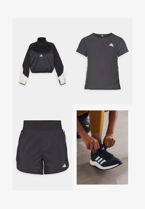 Crni sportski pulover s visokim ovratnikom i polu zatvaračem. Ima bijele akcentirane rukave i elastičnu donju rub. Logo se nalazi u središnjem delu grudi. Glatka tekstura.; Majica kratkih rukava za sport, tamno siva s perforiranim uzorkom. Ima bijeli logo i kontrastne bočne pruge. Zaobljeni izrez.; Crne atletske kratke hlače s elastičnom trakom u struku, bočnim džepovima i bijelim prugama sa strane. Izrađene su od laganog materijala.; Crne atletske cipele s bijelim prugama, teksturiranim gornjim dijelom i gumeni potplat. Osoba podešava rub čarape dok sjedi na sivoj površini.