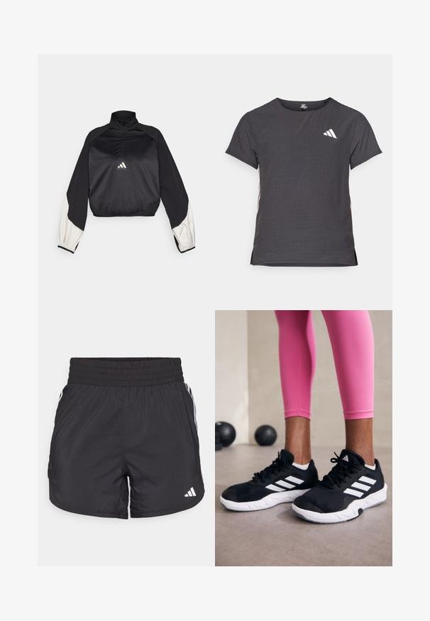 Must mustamet spordipullover kõrge kaeluse ja pool-äkkuga. Omab valge aktsendiga varrukaid ja elastset hemmi. Logo asub rinna keskel. Sile tekstuur.; Lühikese varrukaga sportlik T-särk, tumehall, perforatsiooni tekstuuriga. Omab valget logo ja kontrastset külgtriipu. Ümar kaelus.; Mustad mustriga mustad sportlikud lühikesed püksid elastse värviga, küljetaskud ja valged triibud külgedel. Valmistatud kerge materjali sisu.; Mustad must sportlikud jalanõud valgete triipudega, tekstureeritud võrkkattega ülemine osa ja valge tallaga. Kombineeritud roosade retuusidega, tutvustades treeningriideid.