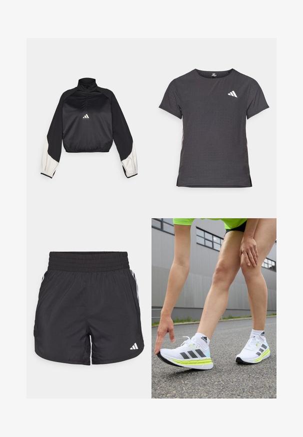 Fekete sportpulóver magas nyakkal és fél cipzárral. Fehér díszujjak és elasztikus alsó rész jellemzi. A logó a mellkason helyezkedik el. Sima textúrájú.; Rövid ujjú sport póló, sötétszürke perforált textúrával. Fehér logóval és kontrasztos oldalsávokkal rendelkezik. Kerek nyakkal.; Fekete sportnadrág elasztikus derékkal, oldalsó zsebekkel és fehér csíkkal az oldalán. Könnyű anyagból készült.; adidas Performance ADISTAR 3 - Utcai futócipők - footwear white/core black/pulse lime