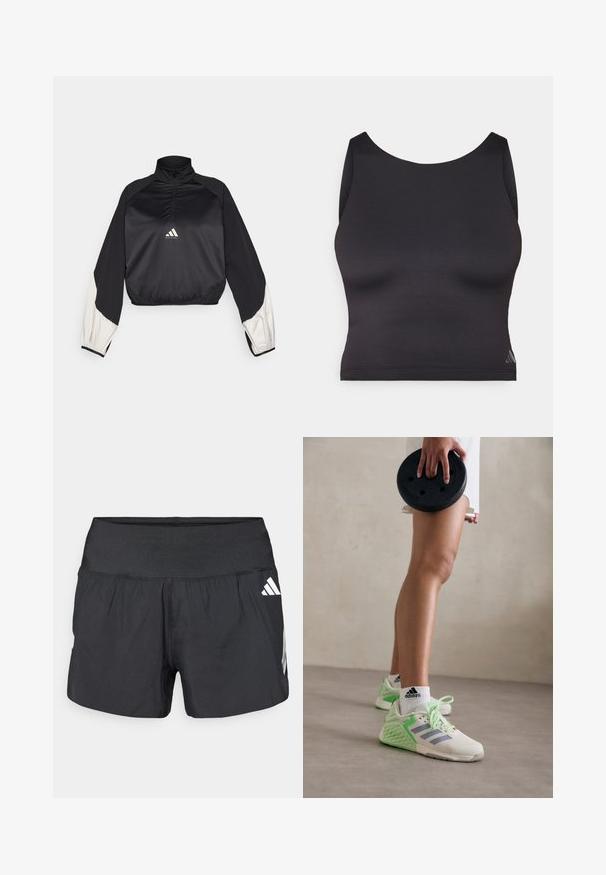 Svart sportströja med hög krage och halv dragkedja. Har vita accentärmar och resår i nederkanten. Logotypen är placerad i mitten av bröstet. Slät textur.; Svart atletisk crop top gjord av ett mjukt, stretchigt tyg med rund halsringning och ärmlös design. Har subtil logodetalj.; Svarta sportshorts med bred resår i midjan, lättviktstyg och vita logodetaljer på nedre sidan.; Lätta atletiska skor med en kräm- och myntafärgsschema, ovandel i nät, texturerade sidodetaljer och snöre för en säker passform.