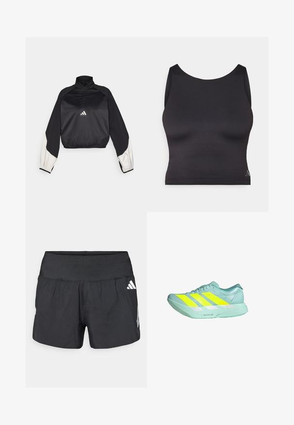 Black sports pullover with high neck and half zip. Features white accent sleeves and elasticized hem. Logo located at chest center. Smooth texture.; Black athletic crop top made of smooth, stretch fabric with a round neckline and sleeveless design. Features subtle logo detail.; Black athletic shorts featuring a wide elastic waistband, lightweight fabric, and white logo accents on the lower side.; Lightweight running shoe in mint green with three bold yellow stripes. Features a smooth texture, reflective accents, and a cushioned sole.