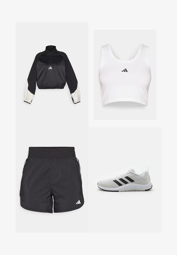 Črn športni pulover z visokim ovratnikom in polovičnim zapenjanjem. Ima bele akcentne rokave in elastičen rob. Logotip je nameščen na sredini prsnega dela. Gladka tekstura.; Bela kratka majica iz mehkega materiala, z okroglim izrezom in črnim logotipom Adidas spredaj. Gladka tekstura, brezrokavni dizajn.; Črne atletske kratke hlače z elastičnim pasom, stranskimi žepi in belimi črtami na straneh. Narejene iz lahkega materiala.; Bela športna čevlja z črnimi črtami, mrežasto zgornjo plastjo, gumijastim podplatom in teksturiranimi dodatki. Ima okroglo konico in obložen ovratnik.