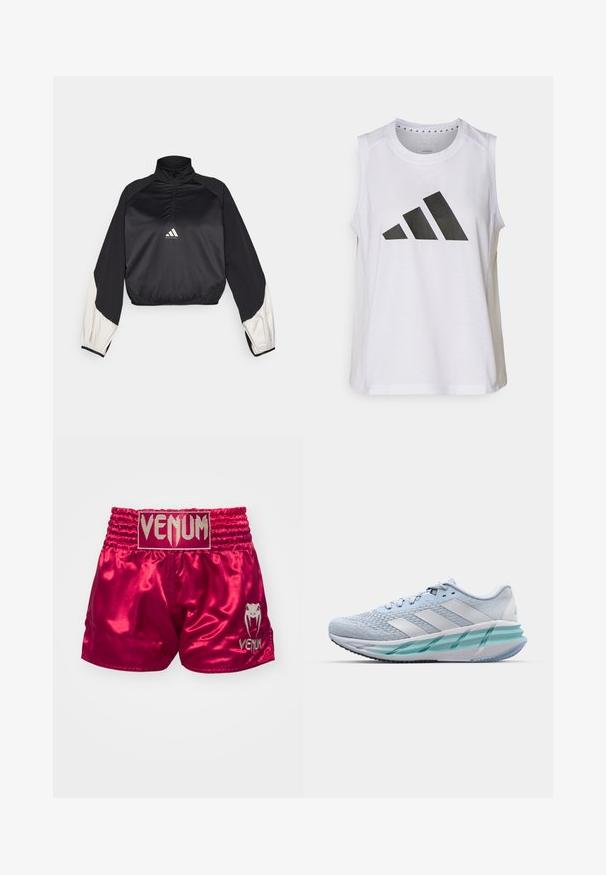 Pull-over de sport noir avec col montant et demi-fermeture éclair. Manches à accents blancs et taille élastiquée. Logo situé au centre de la poitrine. Texture lisse.; Haut de sport sans manches blanc avec encolure ronde, arborant un grand logo Adidas noir composé de trois bandes à l'avant.; Venum CLASSIC MUAY THAI SHORT - Short de sport - bordeaux/gold; Baskets de sport bleu clair avec un dessus en tricot texturé, des accents blancs et une semelle intermédiaire transparente verte. Bout arrondi et col rembourré.