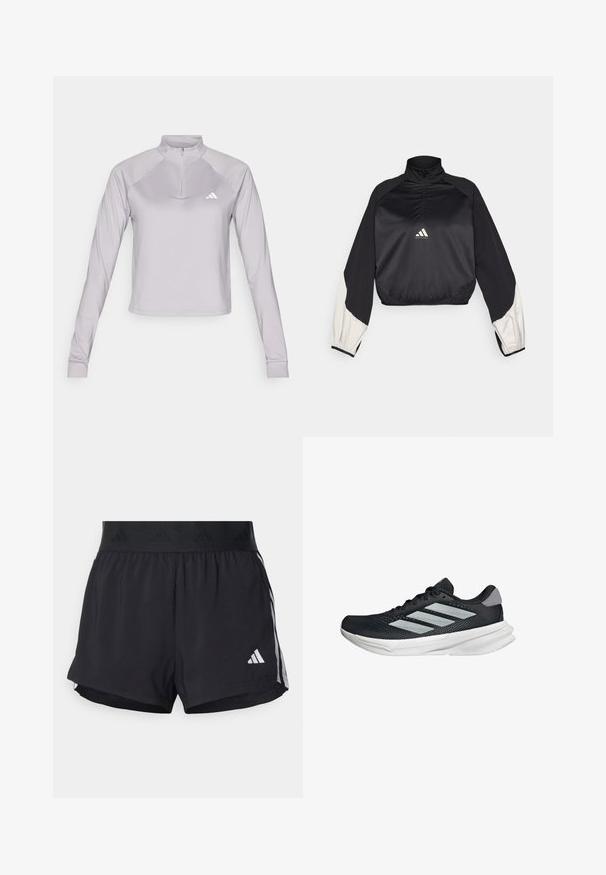 Musta urheilupusero, jossa on korkea kaulus ja puolivetoketju. Ominaisuuksiin kuuluvat valkoiset korostus hihat ja elastinen helma. Logo sijaitsee rintakeskellä. Suloinen rakenne.; adidas Performance ZIP - Pitkähihainen paita - glory grey; Mustat urheilushortsit, joissa on joustava vyötärö, jossa on teksturoitu nauha, sivuraidat ja valkoinen Adidas-logo alahelman kohdalla.; Musta juoksukenkä, jossa on verkko-osa ylhäällä, kolme hopeista raitaa, valkoinen välipohja ja teksturoitu pohja. Varustettu pehmustetulla nilkkaremmeillä ja nauhakiinnityksellä.