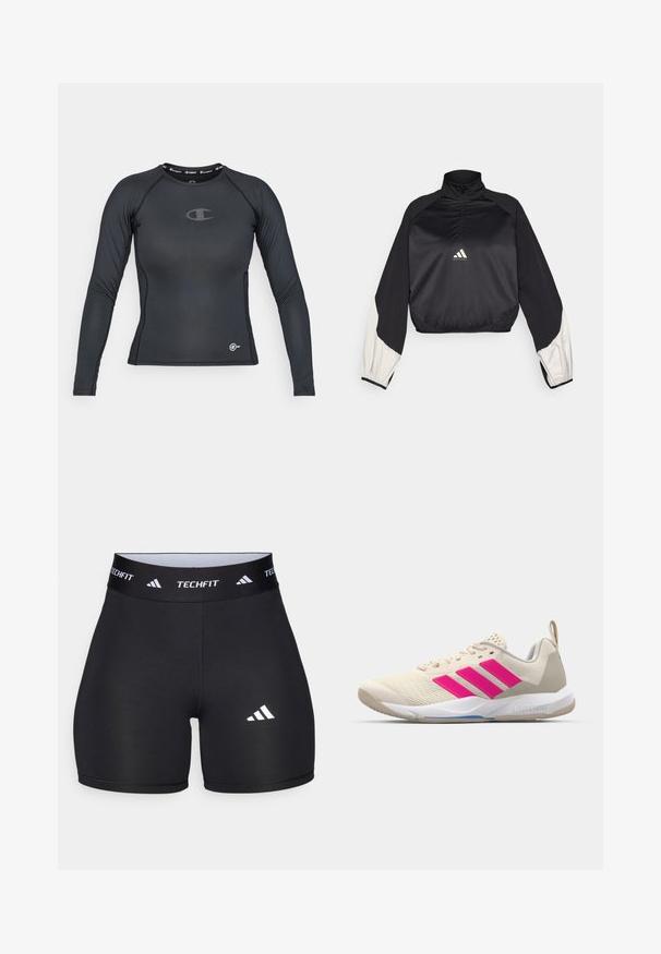Must mustamet spordipullover kõrge kaeluse ja pool-äkkuga. Omab valge aktsendiga varrukaid ja elastset hemmi. Logo asub rinna keskel. Sile tekstuur.; Must musta varrukatega sportlik särk, mis on valmistatud venivast materjalist, ümarate kaelustega ja logoga detailides rinnal ja servas.; Mustad mustad mustarid elastse materjaliga, millel on kehaümberpüüdmisel põhinev disain. Omab laia musta kummivöötlust, millel on kiri "TECHFIT" ja valge logo jalal.; Beige spordijalanõud roosa kolme triibu logoga, tekstureeritud võrkkangas peal, polsterdatud sääreosa ja valge kummist tallaga, kus on "LIGHTSTRIKE" bränd.