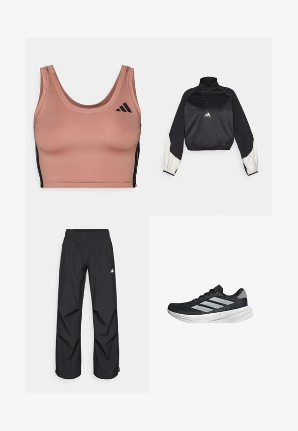 Černý sportovní pulover s vysokým límcem a půlzipem. Má bílé akcentované rukávy a elastické zakončení. Logo umístěné na středu hrudi. Hladká textura.; Sportovní podprsenka v jemném, růžovém materiálu se zaobleným výstřihem, černými bočními pruhy a decentními logovými akcenty. Přizpůsobený střih s hladkou texturou.; Černé, lehké, voděodolné kalhoty s elastickým pasem, bočními kapsami a nastavitelnými manžetami. Na levém stehně je bílá značka.; Černé běžecké boty s vrchní částí z prodyšné síťoviny, třemi stříbrnými pruhy, bílou mezipodešví a texturovanou podešví. Obsahují polstrovaný límec a šněrování.