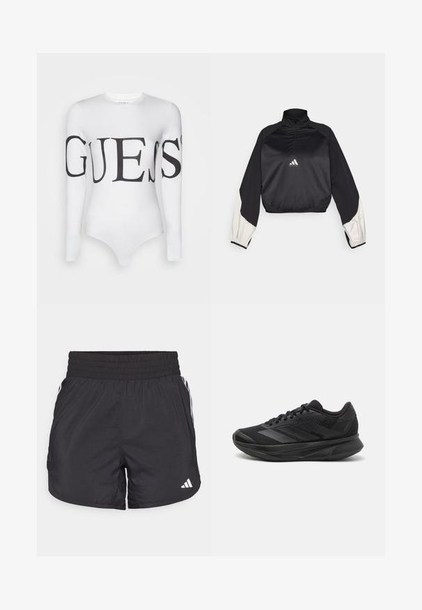 Schwarzer Sportpullover mit hohem Kragen und halbem Reißverschluss. Mit weißen Akzenten an den Ärmeln und elastischem Saum. Logo an der Mitte der Brust platziert. Glatte Textur.; Weißer langärmeliger Body aus dehnbarem Material mit einem großen schwarzen "GUESS"-Logo über der Brust und an den Ärmeln.; Schwarze Sportshorts mit elastischem Bund, seitlichen Taschen und weißen Streifenakzenten an den Seiten. Hergestellt aus leichtem Material.; Schwarzer Laufschuh mit einem atmungsaktiven Mesh-Obermaterial, runder Zehenpartie, schlankem Design, strukturierten Akzenten und einer gepolsterten Sohle für Komfort.