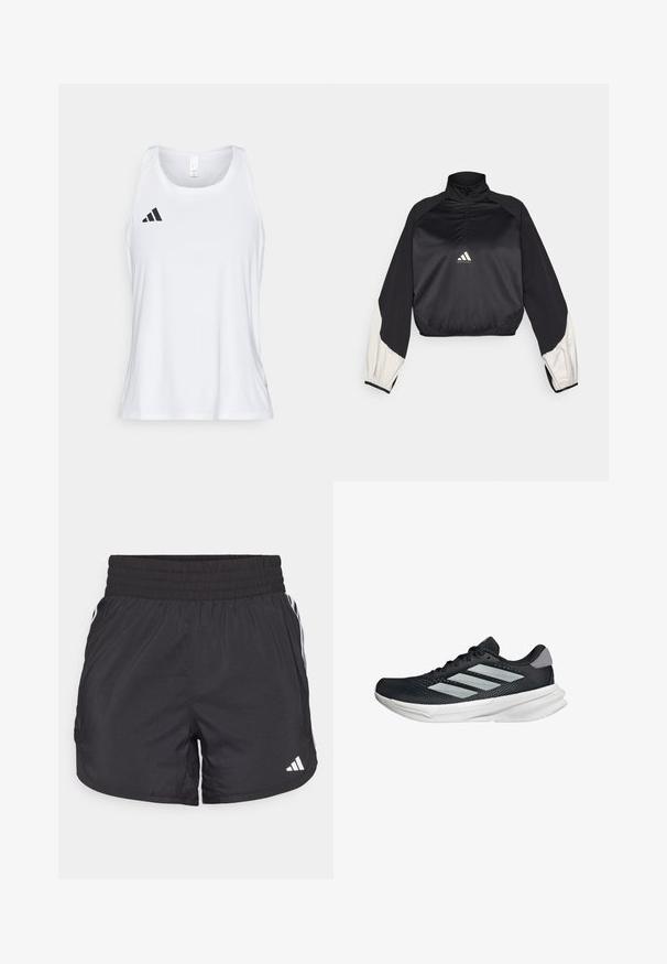 Pullover sportivo nero con collo alto e mezza zip. Presenta maniche con dettagli bianchi e orlo elasticizzato. Logo posizionato al centro del petto. Texture liscia.; Canotta atletica bianca con scollo arrotondato e spalline larghe. Presenta un logo nero con tre strisce sul lato sinistro del petto.; Pantaloni sportivi neri con elastico in vita, tasche laterali e strisce bianche ai lati. Realizzati in materiale leggero.; Scarpa da corsa nera con tomaia in mesh, tre strisce argentate, intersuola bianca e suola testurizzata. Presenta un colletto imbottito e chiusura con lacci.