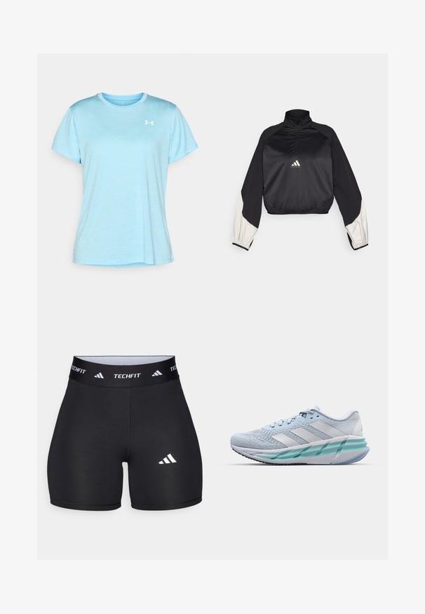 Sudadera deportiva negra con cuello alto y media cremallera. Presenta mangas con acentos en blanco y dobladillo elástico. Logotipo ubicado en el centro del pecho. Textura suave.; Camiseta de manga corta azul claro hecha de una tela suave, con un cuello redondo y un pequeño logo blanco en la parte izquierda del pecho.; Pantalones cortos negros hechos de una tela elástica con un diseño ajustado. Cuentan con una cintura ancha negra etiquetada como "TECHFIT" y un logo blanco en la pierna.; Zapatillas deportivas azul claro con un upper de punto texturizado, acentos blancos y una suela intermedia verde transparente. Punta redondeada y cuello acolchado.