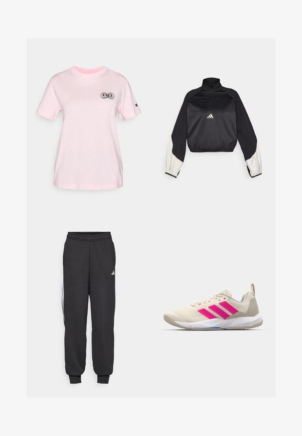 Pullover desportivo preto com gola alta e fecho de meio zip. Apresenta mangas com detalhes brancos e bainha elástica. Logotipo localizado no centro do peito. Textura suave.; T-shirt de algodão rosa com mangas curtas, apresentando um logotipo de globo preto impresso no lado esquerdo do peito e um patch de logotipo na manga direita.; Calças atléticas pretas com uma cintura elástica, tornozelos ajustados e riscas brancas laterais. Feitas de um tecido suave com uma textura lisa.; Sapata atlética bege com logotipo de três riscas cor-de-rosa, parte superior em malha texturizada, colarinho acolchoado e sola de borracha branca, apresentando a marca "LIGHTSTRIKE".