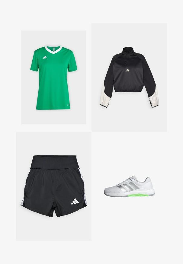 Svart sportsgenser med høy hals og halv glidelås. Har hvite aksentermuffer og elastisk nederkant. Logo plassert på midten av brystet. Glatt tekstur.; Grønn idrettsdrakt med hvit V-hals og korte ermer. Laget av pustende stoff med Adidas-logo på venstre bryst.; Sorte treningsshorts laget av lett materiale, med bred midjebånd, hvite sidestreker og en liten hvit logo på den nederste kanten.; Hvit treningssko med nettingoverdel, reflekterende sølvstriper og grønn gummisåle. Har snøring og polstret krage for komfort.