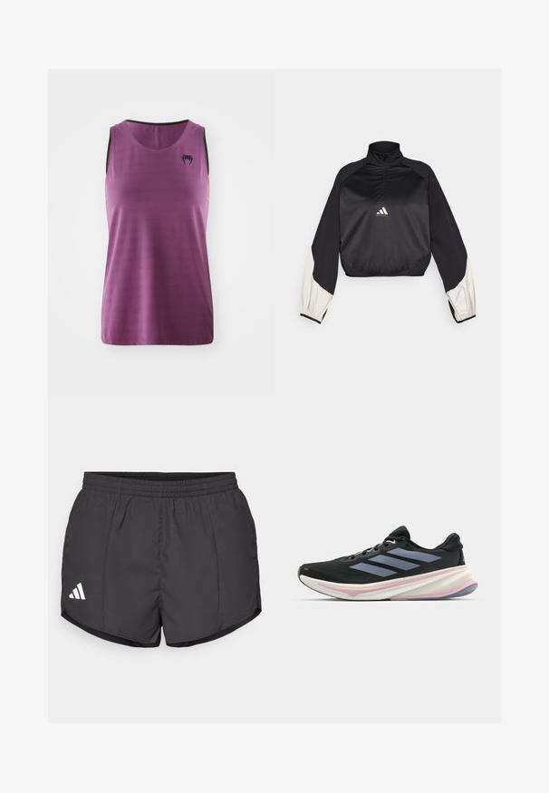 Črn športni pulover z visokim ovratnikom in polovičnim zapenjanjem. Ima bele akcentne rokave in elastičen rob. Logotip je nameščen na sredini prsnega dela. Gladka tekstura.; Vijolična brezrokavna majica s teksturiranim vzorcem, okroglo izrezom in kontrastnim črnim akcentom na izrezu rokavov. Črn logotip spredaj.; Črne atletske kratke hlače iz lahkega materiala, z elastičnim pasom in belim logotipom Adidas na spodnji levi strani.; Črni športni copati z mrežastim zgornjim delom, sivimi črtami, belim srednjim podplatom z roza poudarki in teksturiranim podplatom.