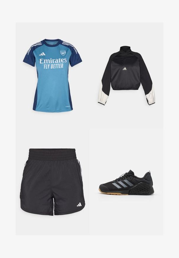 Black sports pullover with high neck and half zip. Features white accent sleeves and elasticized hem. Logo located at chest center. Smooth texture.; Turquoise and navy blue soccer jersey with short sleeves, featuring white "Emirates" logo, "FLY BETTER" text, and Adidas stripes.; Black athletic shorts with an elastic waistband, side pockets, and white stripe accents on the sides. Made of lightweight material.; Black athletic shoe with mesh upper, grey three-stripe design, rubber sole, and textured accents on the heel and side.