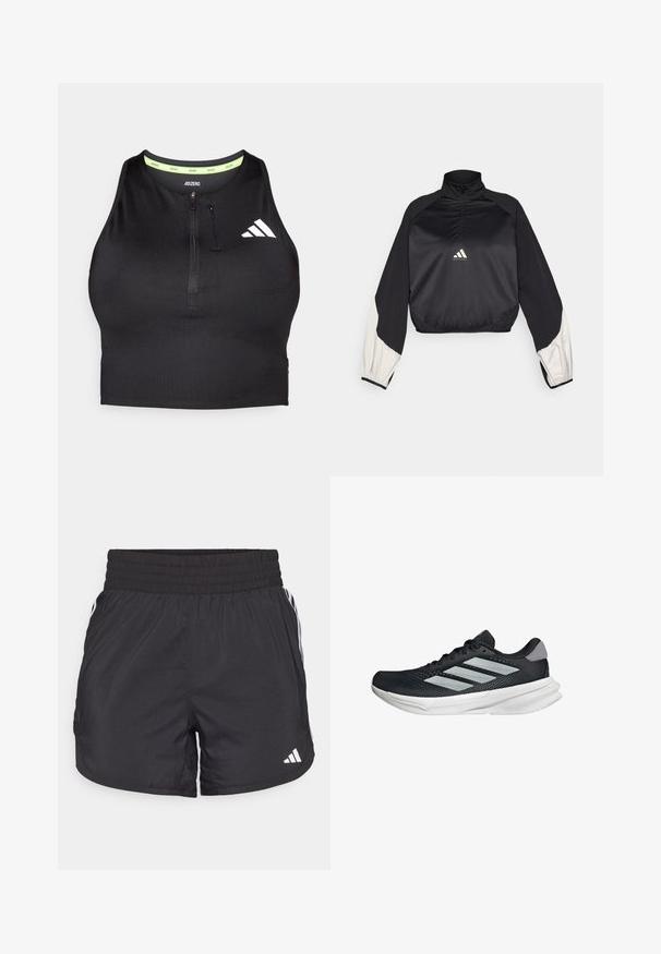 Černý sportovní pulover s vysokým límcem a půlzipem. Má bílé akcentované rukávy a elastické zakončení. Logo umístěné na středu hrudi. Hladká textura.; Černý sportovní crop top se zipem vpředu, vyrobený z hladkého materiálu. Obsahuje zelené vnitřní výstřih a bílé logo na boku.; Černé sportovní šortky s elastickým pasem, bočními kapsami a bílými pruhy po stranách. Vyrobené z lehkého materiálu.; Černé běžecké boty s vrchní částí z prodyšné síťoviny, třemi stříbrnými pruhy, bílou mezipodešví a texturovanou podešví. Obsahují polstrovaný límec a šněrování.