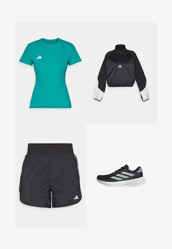 Černý sportovní pulover s vysokým límcem a půlzipem. Má bílé akcentované rukávy a elastické zakončení. Logo umístěné na středu hrudi. Hladká textura.; Tyrkysové sportovní tričko vyrobené z lehké tkaniny. Má krátké rukávy a bílé logo na levé části hrudi.; Černé sportovní šortky s elastickým pasem, bočními kapsami a bílými pruhy po stranách. Vyrobené z lehkého materiálu.; Černé běžecké boty s vrchní částí z prodyšné síťoviny, třemi stříbrnými pruhy, bílou mezipodešví a texturovanou podešví. Obsahují polstrovaný límec a šněrování.