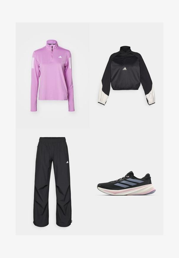 Črn športni pulover z visokim ovratnikom in polovičnim zapenjanjem. Ima bele akcentne rokave in elastičen rob. Logotip je nameščen na sredini prsnega dela. Gladka tekstura.; adidas Performance Majica z dolgimi rokavi - preloved purple; Črne, lahke, vodoodporne hlače z elastičnim pasom, stranskimi žepi in nastavljivimi manšetami. Imajo bel logotip na levi stegnu.; Črne tekaške čevlje z mrežastim zgornjim delom, svetlo vijoličnimi poudarki in tremi vodoravnimi sivo-črnimi črtami. Imajo oblazinjen podplat za udobje.