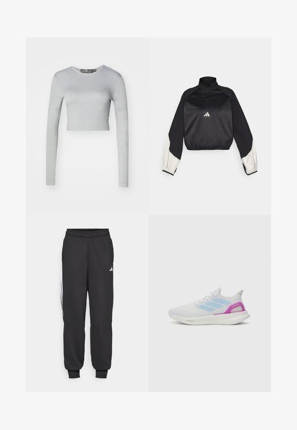 Sudadera deportiva negra con cuello alto y media cremallera. Presenta mangas con acentos en blanco y dobladillo elástico. Logotipo ubicado en el centro del pecho. Textura suave.; Top corto de manga larga gris claro, hecho de una tela elástica, con patrones texturizados y un cuello redondo con un acabado suave.; Pantalones deportivos negros con cintura elástica, tobillos ajustados y franjas laterales blancas. Fabricados con un tejido suave y de textura lisa.; adidas Performance PUREBOOST 5 - Zapatillas running asfalto - white/glow blue/purple burst