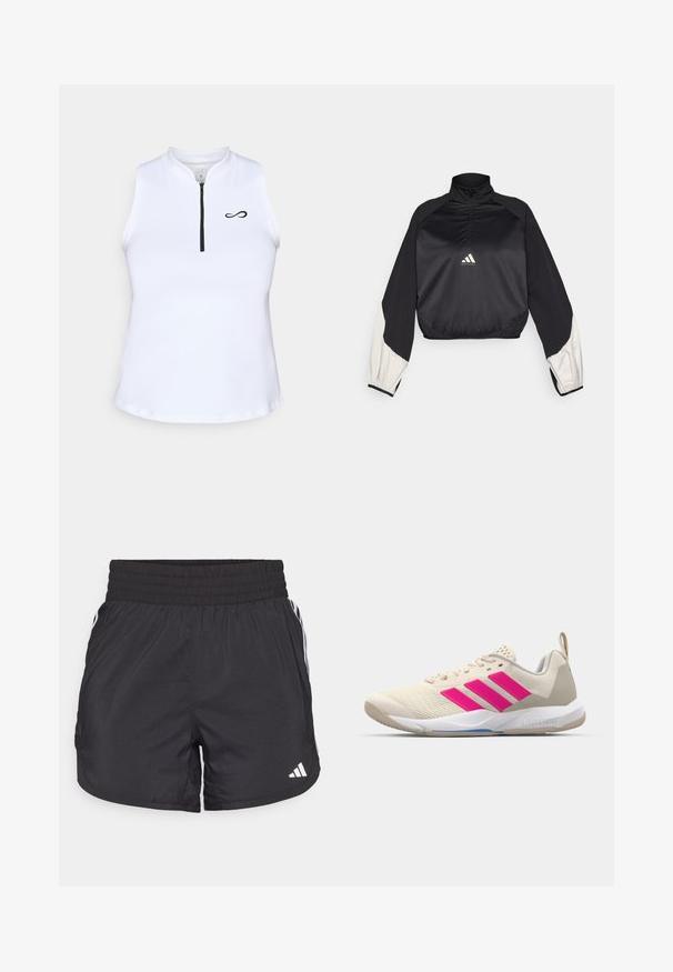 Melna sporta jaka ar augstu apkakli un puspievilcēju. Iezīmētas baltas akcentu piedurknes un elastīga apakšmalā. Logo atrodas krūšu centra daļā. Gluda tekstūra.; Balta bezpiedurkņu blūze ar augstu apkakli, priekšā ar rāvējslēdzēju un melnu logo kreisajā pusē. Gluda, viegla auduma.; Melnas sporta bikses ar elastīgu jostu, sānu kabatām un baltām svītrām uz sāniem. Izgatavotas no viegla materiāla.; Beige sporta apavi ar rozā trīs svītru logotipu, strukturētu acu augšdaļu, mīkstu apkaklīti un balto gumijas zoli, ar "LIGHTSTRIKE" zīmolu.