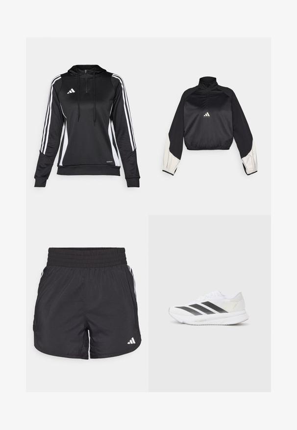 Fekete sportpulóver magas nyakkal és fél cipzárral. Fehér díszujjak és elasztikus alsó rész jellemzi. A logó a mellkason helyezkedik el. Sima textúrájú.; Fekete sport pulóver fél cipzárral, kapucnival és fehér oldalsávokkal. Simító, könnyű anyagból készült, testhezálló fazonú, állítható zsinórokkal.; Fekete sportnadrág elasztikus derékkal, oldalsó zsebekkel és fehér csíkkal az oldalán. Könnyű anyagból készült.; Fehér sportcipő fekete átlós csíkokkal, hálós felsőrésszel, lekerekített orral és texturált talppal. A kiegészítők között szerepel egy ezüst sarok és minimalista dizájn.