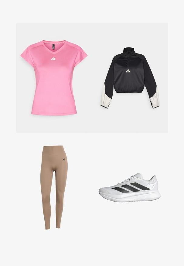 Musta urheilupusero, jossa on korkea kaulus ja puolivetoketju. Ominaisuuksiin kuuluvat valkoiset korostus hihat ja elastinen helma. Logo sijaitsee rintakeskellä. Suloinen rakenne.; Vaaleanpunainen urheilullinen lyhythihainen paita V-pääntiellä, valmistettu kevyestä synteettisestä materiaalista. Sisältää valkoisen logon rinnassa ja kuvioidun kaulusreunan.; Vaaleanbeige korkeat leggingsit, jotka on valmistettu joustavasta kankaasta. Ne korostavat vartalon muotoa ja vasemmassa lantiossa on musta logo-aksentti.; Valkoista urheilusandaalia, jossa on hengittävä verkko-osa, kolme mustaa raitaa, kevyt pohja ja kuvioitu muu osa kannassa tukemassa.