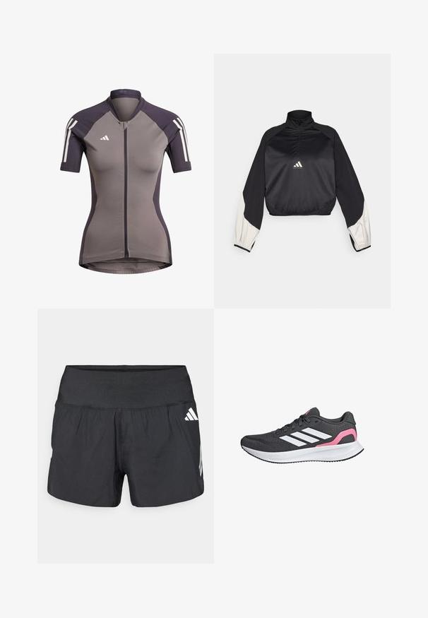 Schwarzer Sportpullover mit hohem Kragen und halbem Reißverschluss. Mit weißen Akzenten an den Ärmeln und elastischem Saum. Logo an der Mitte der Brust platziert. Glatte Textur.; Kurzärmliges Fahrradtrikot in Grau mit dunkelvioletten Akzenten, durchgehendem Reißverschluss und weißen Streifen auf den Schultern. Hergestellt aus elastischem Stoff.; Schwarze Sportshorts mit einem breiten elastischen Bund, leichtem Stoff und weißen Logoakzenten an der unteren Seite.; Schwarzer Sportschuh mit Obermaterial aus Mesh, weißem Drei-Streifen-Design, pinkfarbenem Fersenakzent und Cloudfoam-Zwischensohle für Dämpfung und Unterstützung.