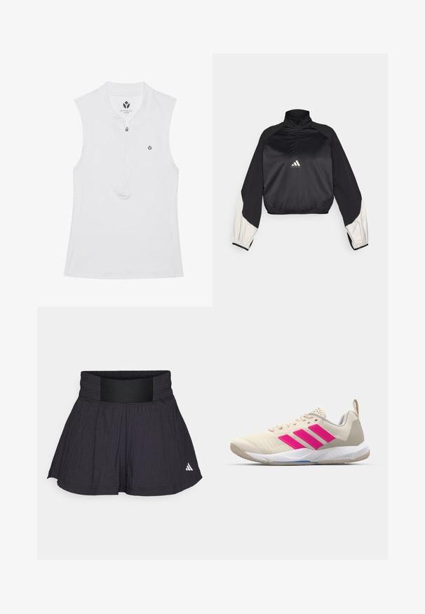 Black sports pullover with high neck and half zip. Features white accent sleeves and elasticized hem. Logo located at chest center. Smooth texture.; White sleeveless athletic top with a high collar, half zipper, and a small logo on the chest. Smooth texture and fitted design.; adidas Performance TENNIS PRO AEROREADY SEERSUCKER - Sports shorts - black; Beige athletic shoe with pink three-stripe logo, textured mesh upper, padded collar, and white rubber sole, featuring "LIGHTSTRIKE" branding.