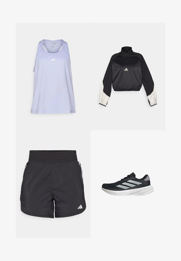 Schwarzer Sportpullover mit hohem Kragen und halbem Reißverschluss. Mit weißen Akzenten an den Ärmeln und elastischem Saum. Logo an der Mitte der Brust platziert. Glatte Textur.; Hellblau-lila Sporttanktop mit Racerback-Design. Fällt mit einem kleinen weißen Adidas-Logo auf der Brust auf. Hergestellt aus glattem, atmungsaktivem Material.; Schwarze Sportshorts mit elastischem Bund, seitlichen Taschen und weißen Streifenakzenten an den Seiten. Hergestellt aus leichtem Material.; Schwarzer Laufschuh mit Mesh-Obermaterial, drei silbernen Streifen, weißer Zwischensohle und strukturiertem Außensohle. Verfügt über einen gepolsterten Schaft und eine Schnürung.