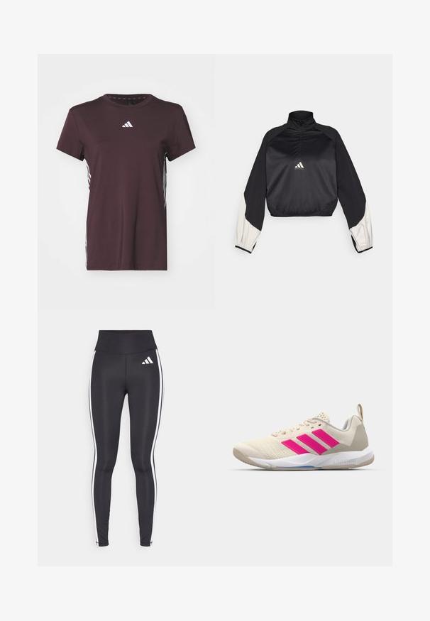 Fekete sportpulóver magas nyakkal és fél cipzárral. Fehér díszujjak és elasztikus alsó rész jellemzi. A logó a mellkason helyezkedik el. Sima textúrájú.; adidas Performance Sportfelső - shadow brown/white; Fekete leggings, magas derekkal, fehér oldalsávokkal és egy kis fehér logóval a bal comb felső részén. Simább, rugalmas anyagból készült.; Beige sportcipő rózsaszín háromsávos logóval, texturált hálós felső résszel, párnázott nyakkal és fehér gumitalppal, "LIGHTSTRIKE" márkajelzéssel.