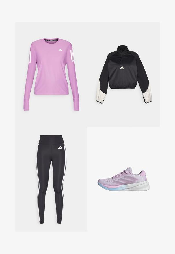 Pullover sportivo nero con collo alto e mezza zip. Presenta maniche con dettagli bianchi e orlo elasticizzato. Logo posizionato al centro del petto. Texture liscia.; adidas Performance Maglietta a manica lunga - preloved purple; Leggings neri a vita alta, con strisce bianche sui fianchi e un piccolo logo bianco sulla coscia sinistra. Realizzati in materiale liscio ed elasticizzato.; Scarpa da corsa di colore viola chiaro con tomaia in rete traspirante, intersuola bianca e suola esterna blu chiaro. Presenta tre strisce sul lato.